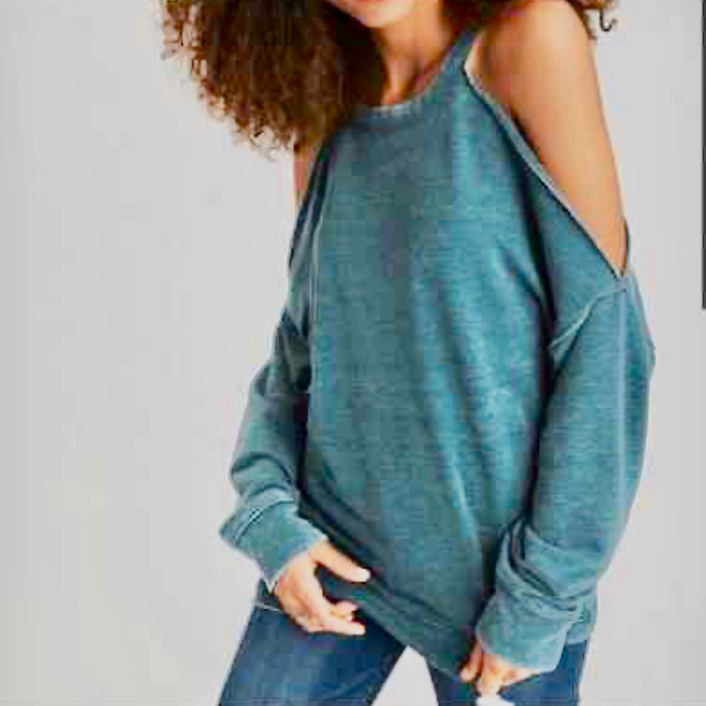 American Eagle Cold Shoulder Cutout Crew Neck Sweatshirt Distressed Teal Women M